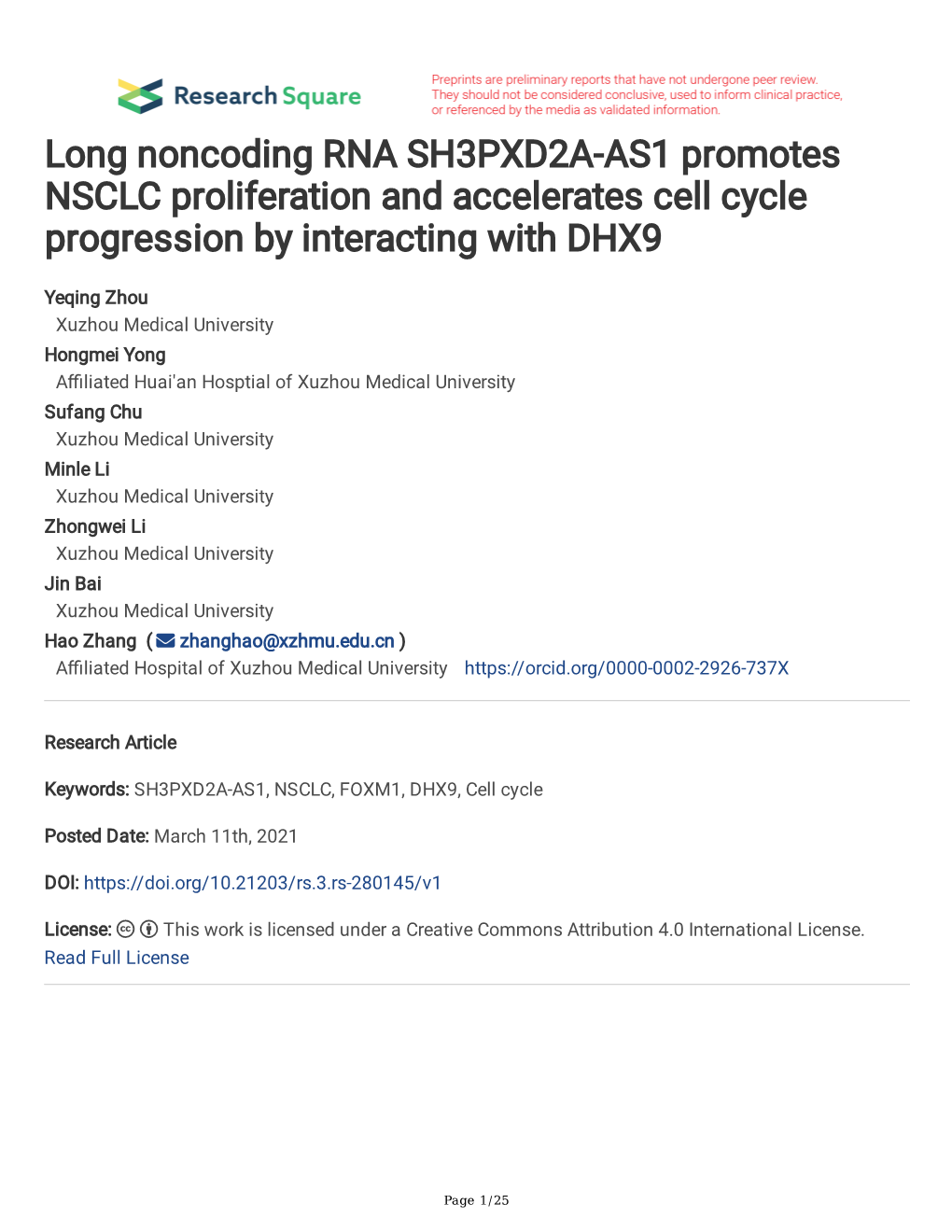 Long Noncoding RNA SH3PXD2A-AS1 Promotes NSCLC Proliferation and Accelerates Cell Cycle Progression by Interacting with DHX9