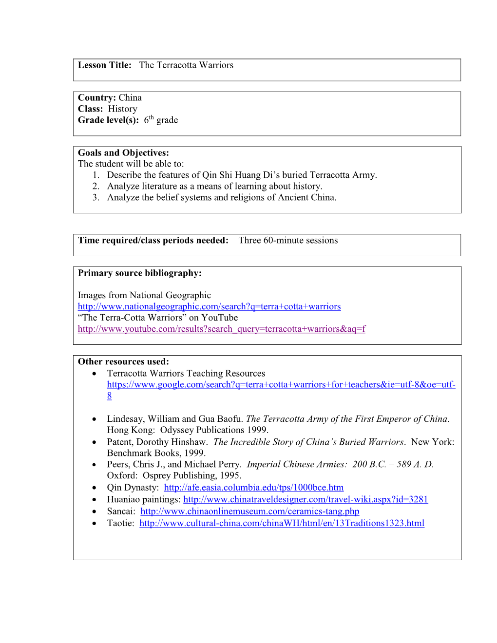 Lesson Title: the Terracotta Warriors Country: China Class: History