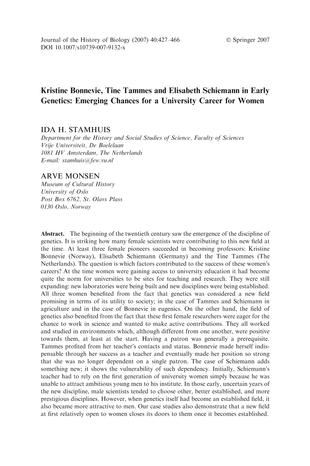 Kristine Bonnevie, Tine Tammes and Elisabeth Schiemann in Early Genetics: Emerging Chances for a University Career for Women