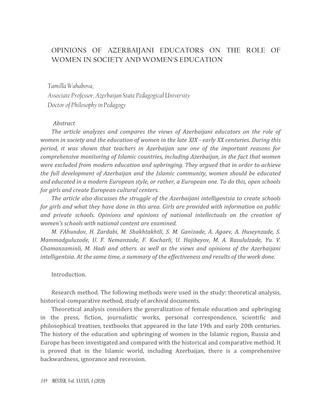 Opinions of Azerbaijani Educators on the Role of Women in Society and Women's Education