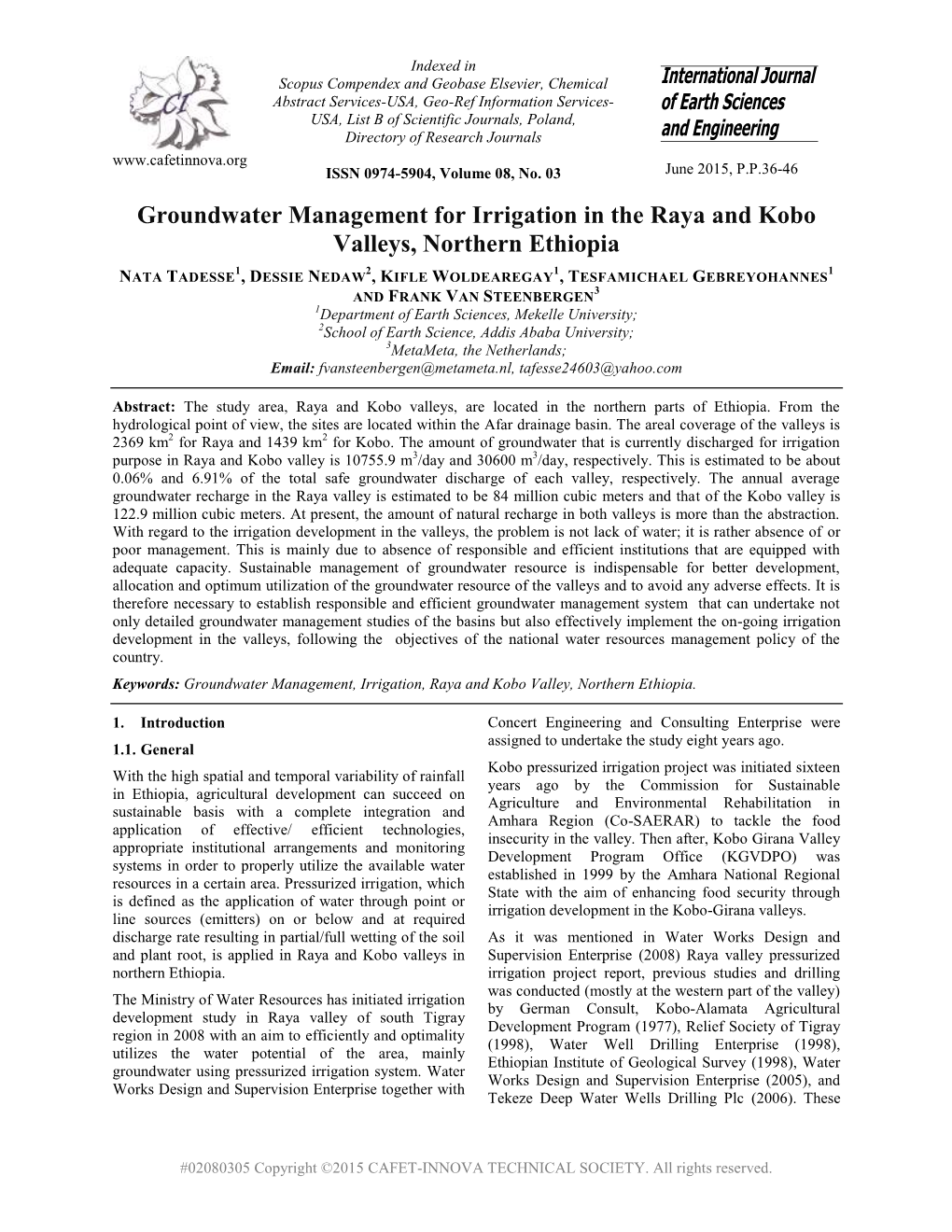 Groundwater Management for Irrigation in the Raya and Kobo