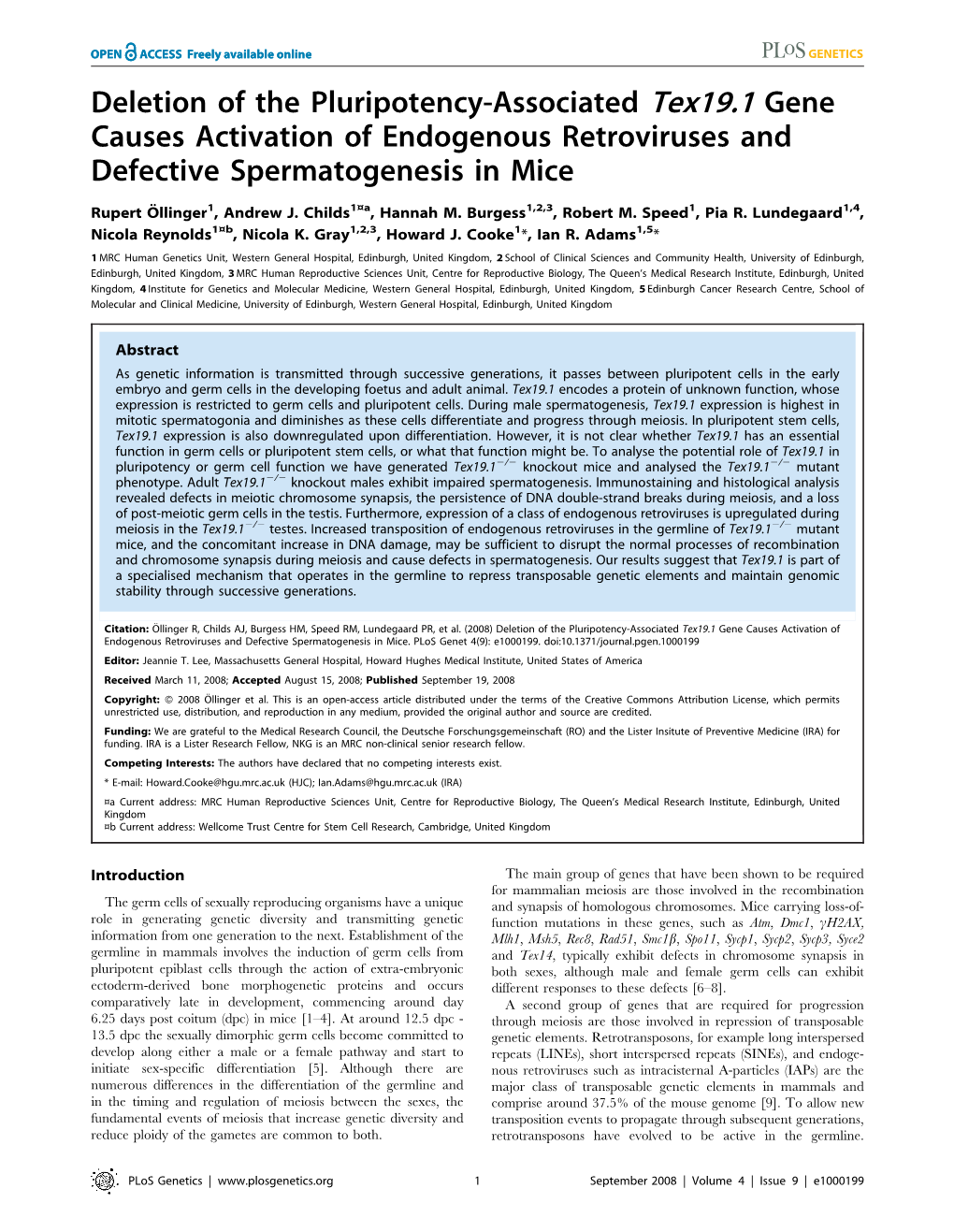 Deletion of the Pluripotency-Associated Tex19.1 Gene Causes Activation of Endogenous Retroviruses and Defective Spermatogenesis in Mice