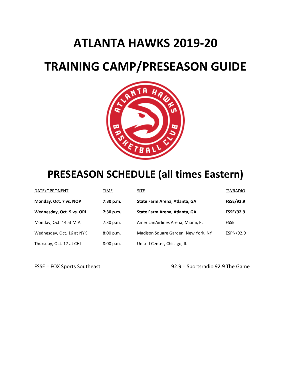 Atlanta Hawks 2019-20 Training Camp/Preseason Guide