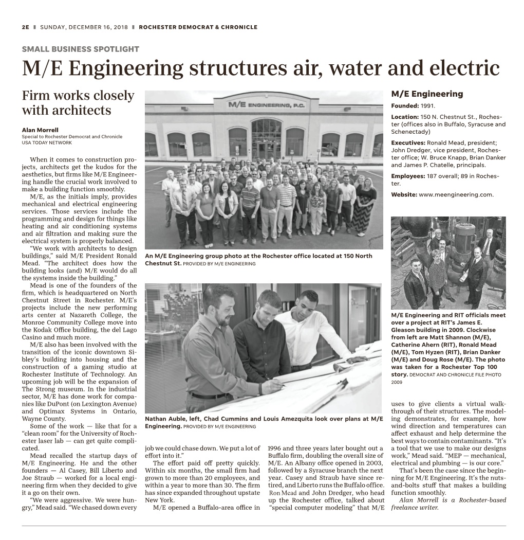 M/E Engineering Structures Air, Water and Electric Firm Works Closely M/E Engineering Founded: 1991