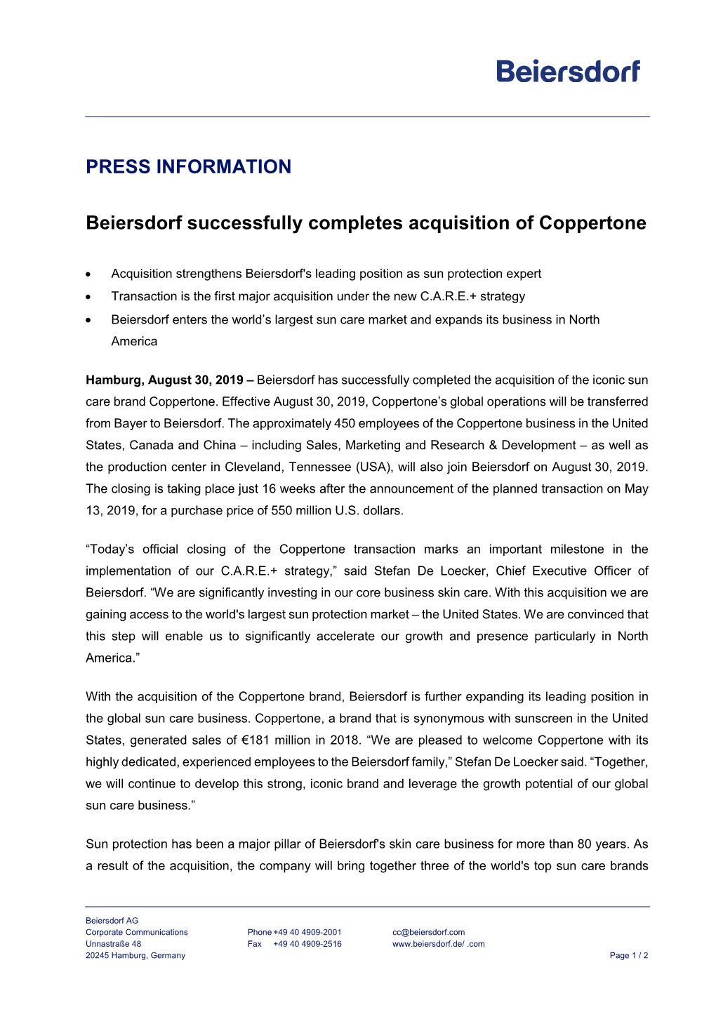 PRESS INFORMATION Beiersdorf Successfully Completes Acquisition of Coppertone