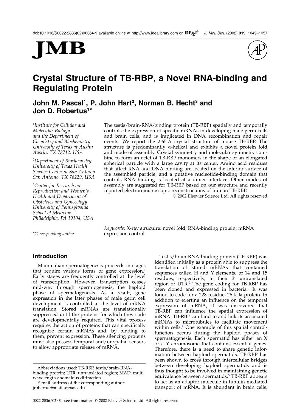 Crystal Structure of TB-RBP, a Novel RNA-Binding and Regulating Protein