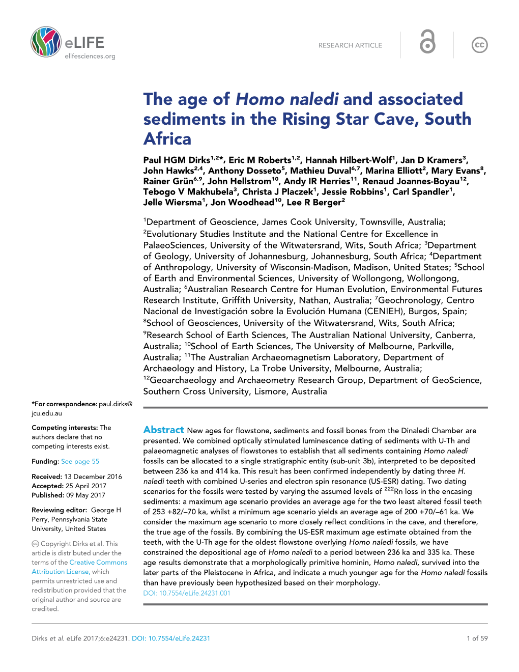 The Age of Homo Naledi and Associated Sediments in the Rising