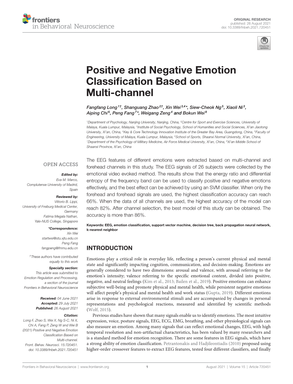 Positive and Negative Emotion Classification Based on Multi-Channel