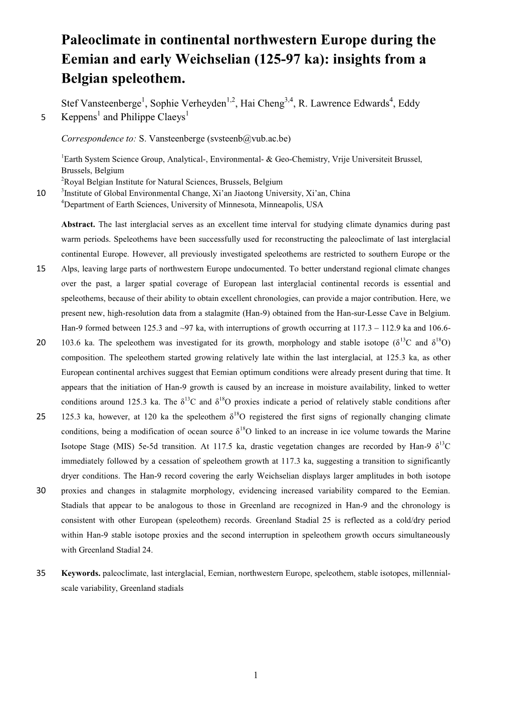 Paleoclimate in Continental Northwestern Europe During the Eemian and Early Weichselian (125-97 Ka): Insights from a Belgian Speleothem