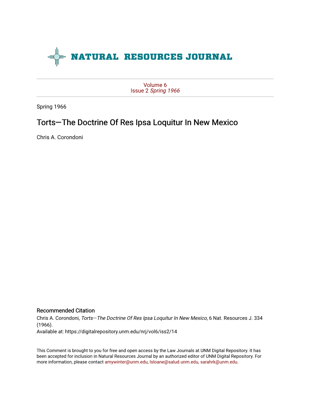 Tortsâ•Flthe Doctrine of Res Ipsa Loquitur in New Mexico