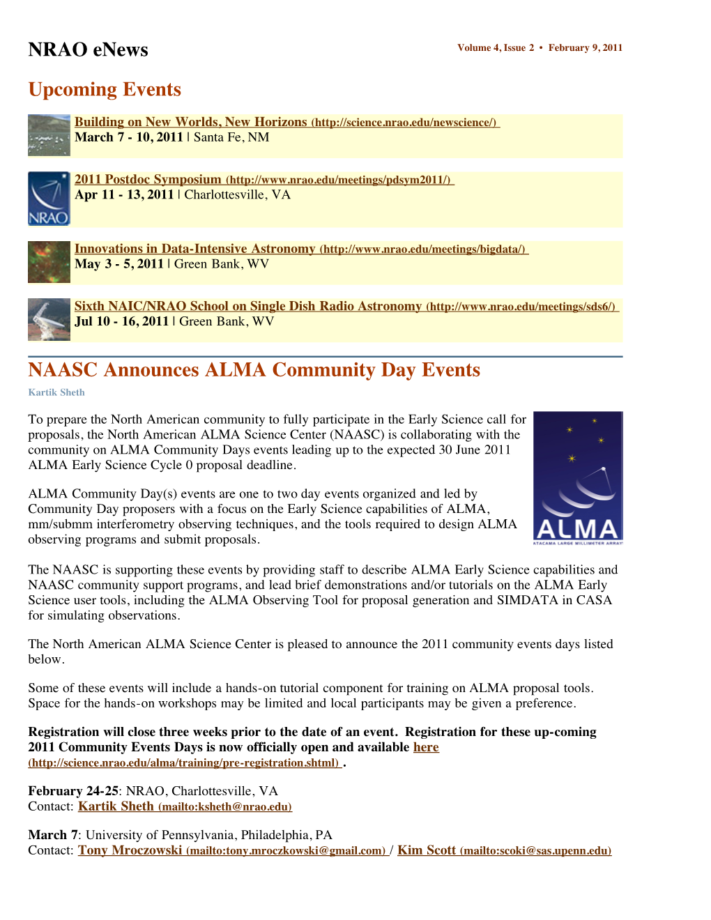 NRAO Enews Volume 4, Issue 2 • February 9, 2011 Upcoming Events