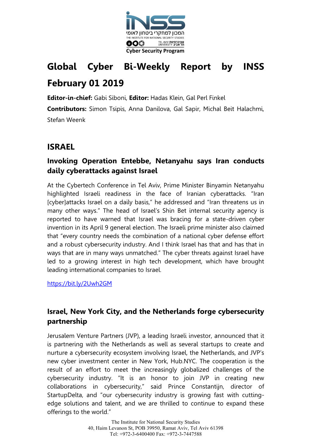 Global Cyber Bi-Weekly Report by INSS February 01 2019