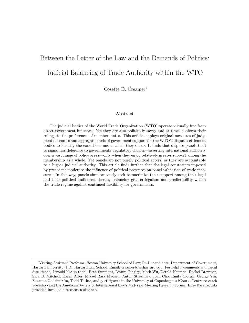 Judicial Balancing of Trade Authority Within the WTO