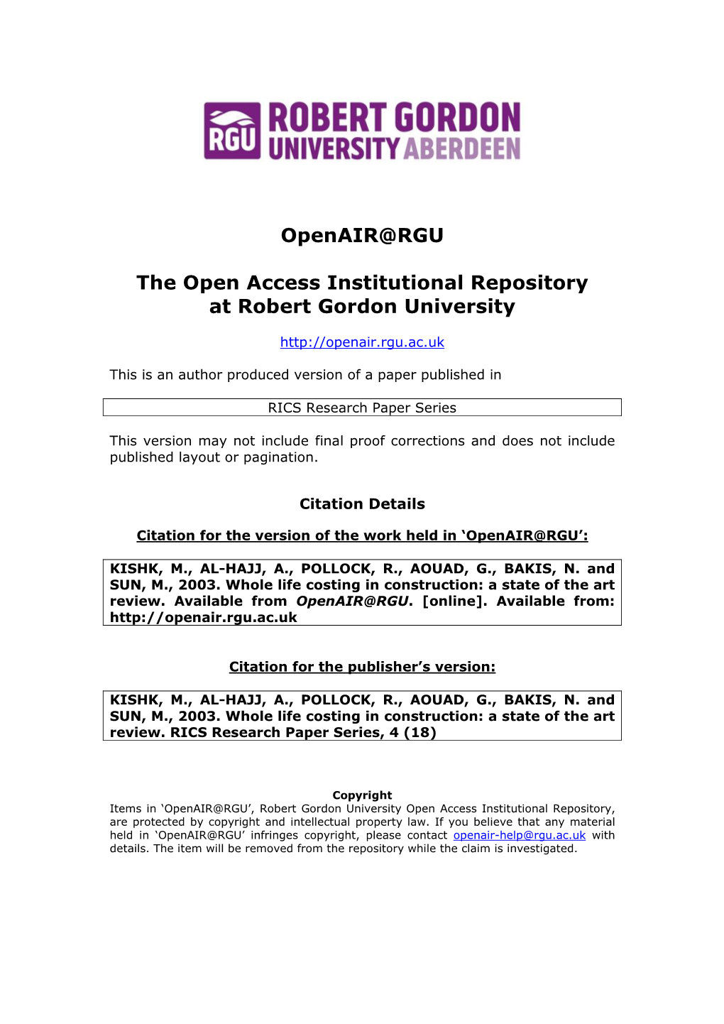 Openair@RGU the Open Access Institutional Repository at Robert Gordon University