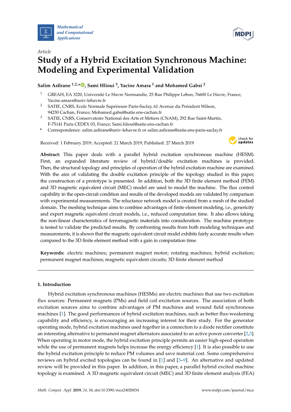 Study of a Hybrid Excitation Synchronous Machine: Modeling and Experimental Validation