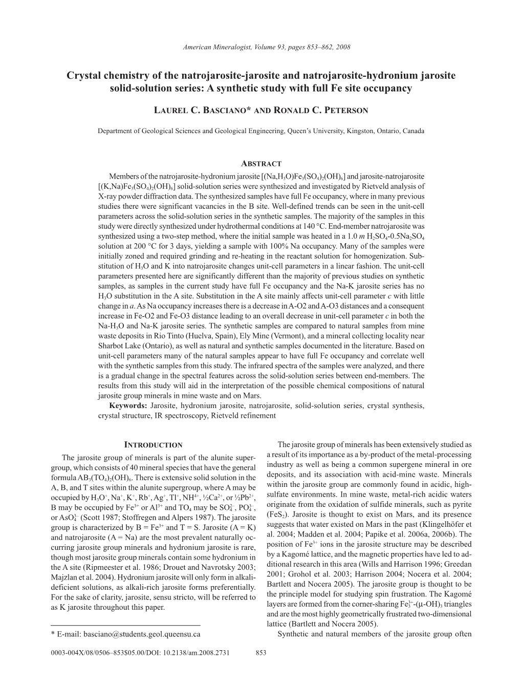 Crystal Chemistry of the Natrojarosite-Jarosite and Natrojarosite-Hydronium Jarosite Solid-Solution Series: a Synthetic Study with Full Fe Site Occupancy