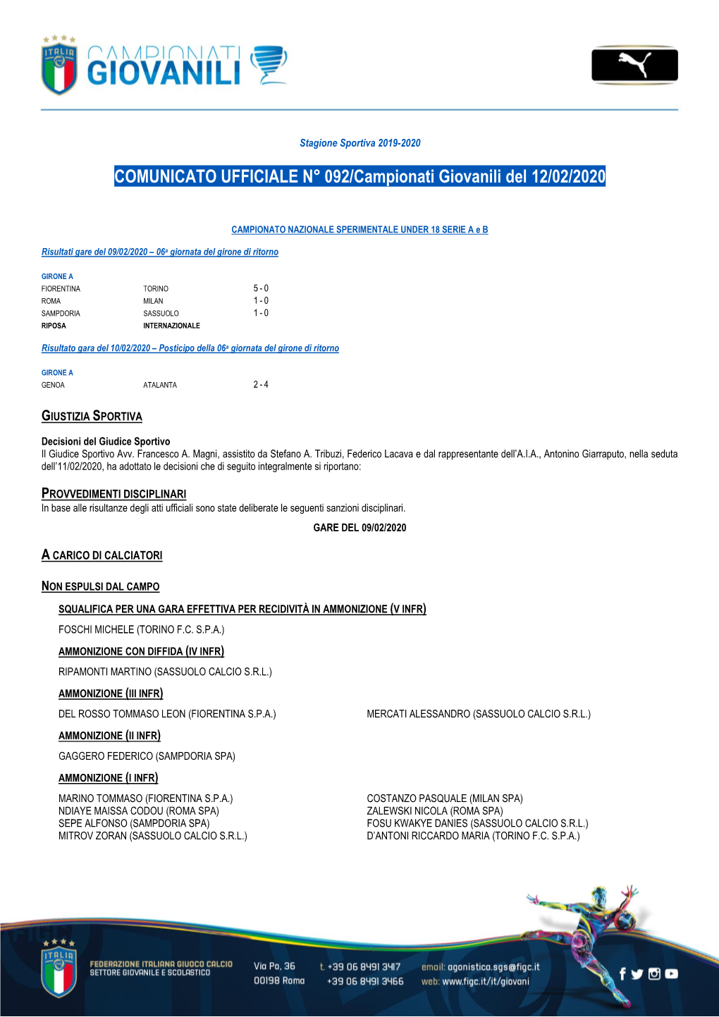 COMUNICATO UFFICIALE N° 092/Campionati Giovanili Del 12/02/2020