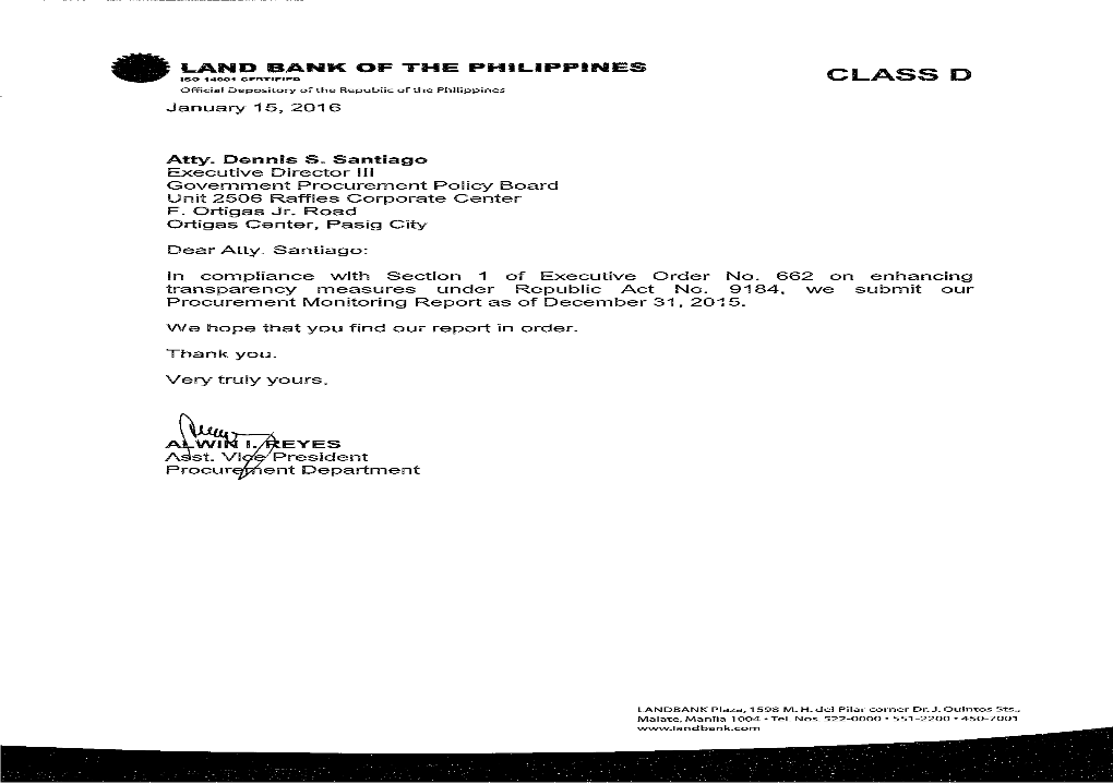 Land Bank of the Philippines Procurement Monitoring Report As of December 31, 2015