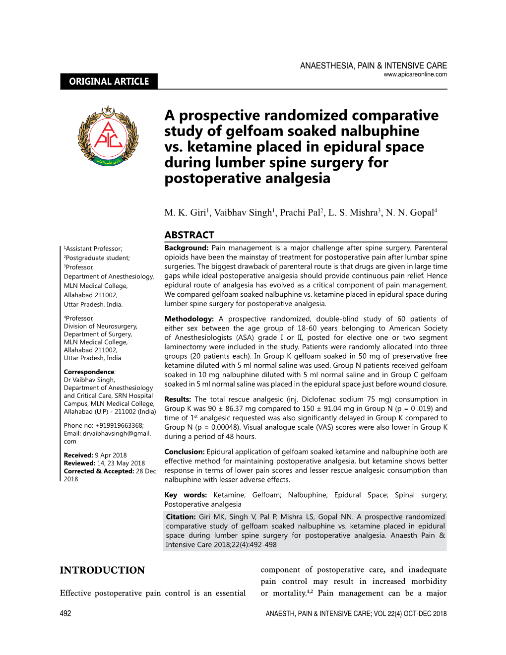 A Prospective Randomized Comparative Study of Gelfoam Soaked Nalbuphine Vs