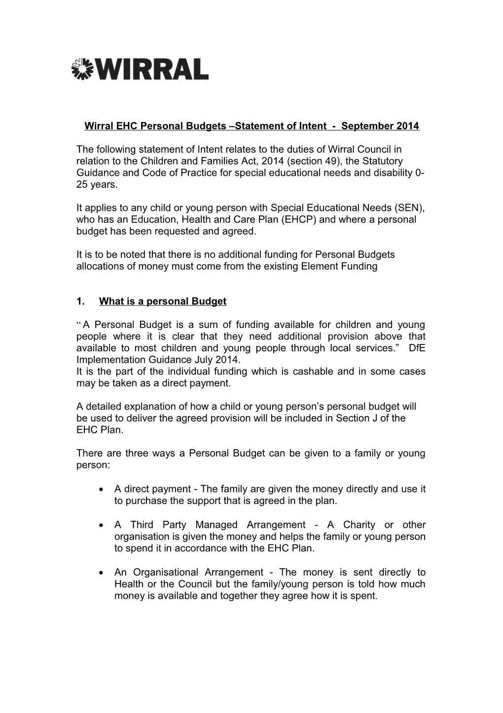 Wirral EHC Personal Budgets Statement of Intent - September 2014