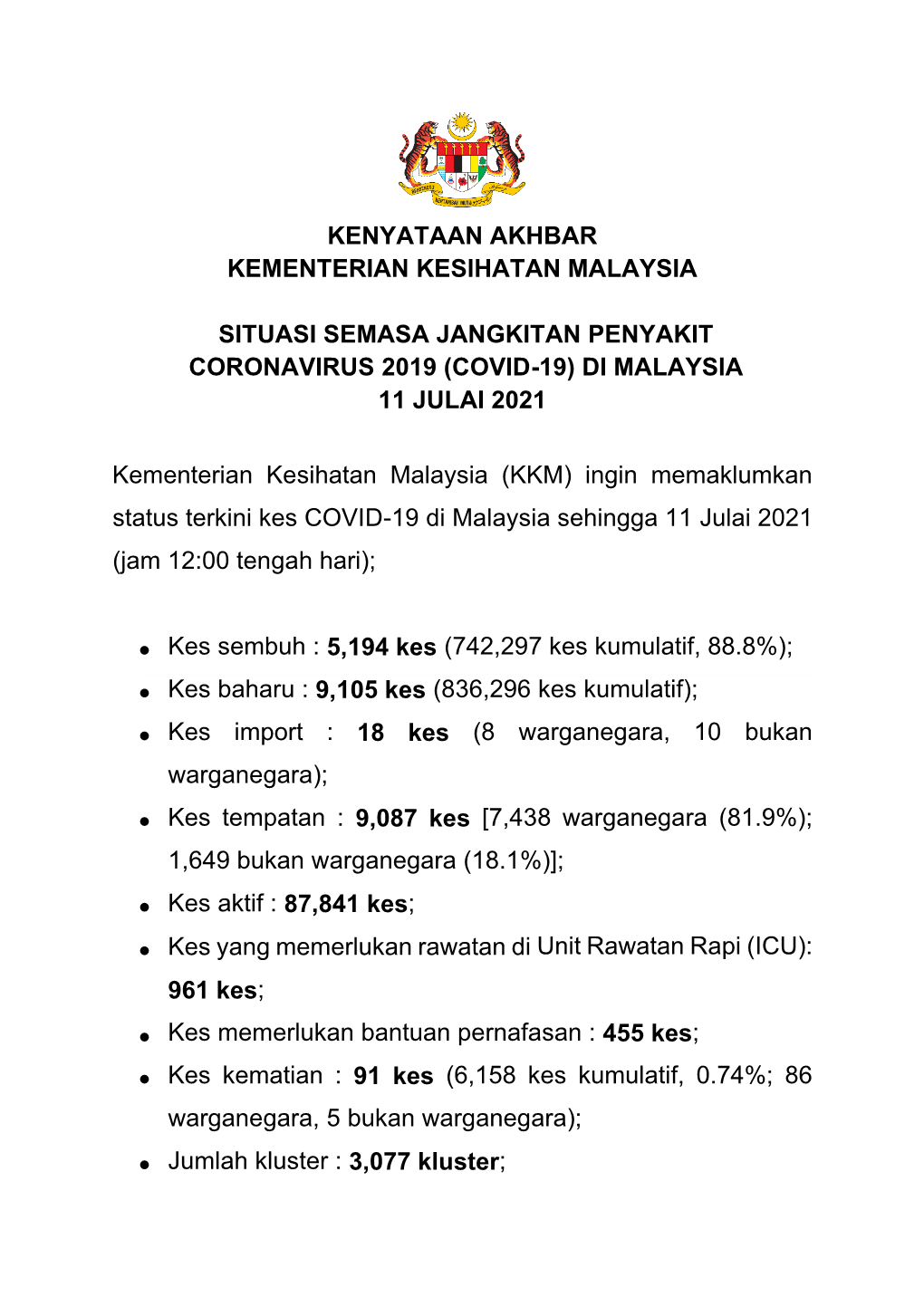 Kenyataan Akhbar Kementerian Kesihatan Malaysia