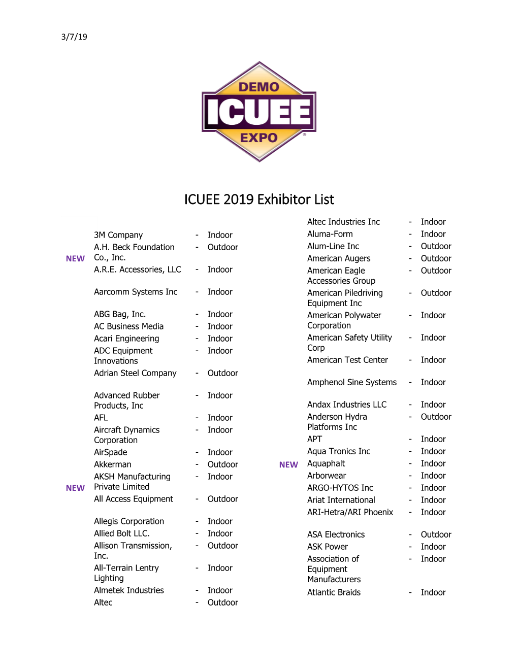 ICUEE 2019 Exhibitor List