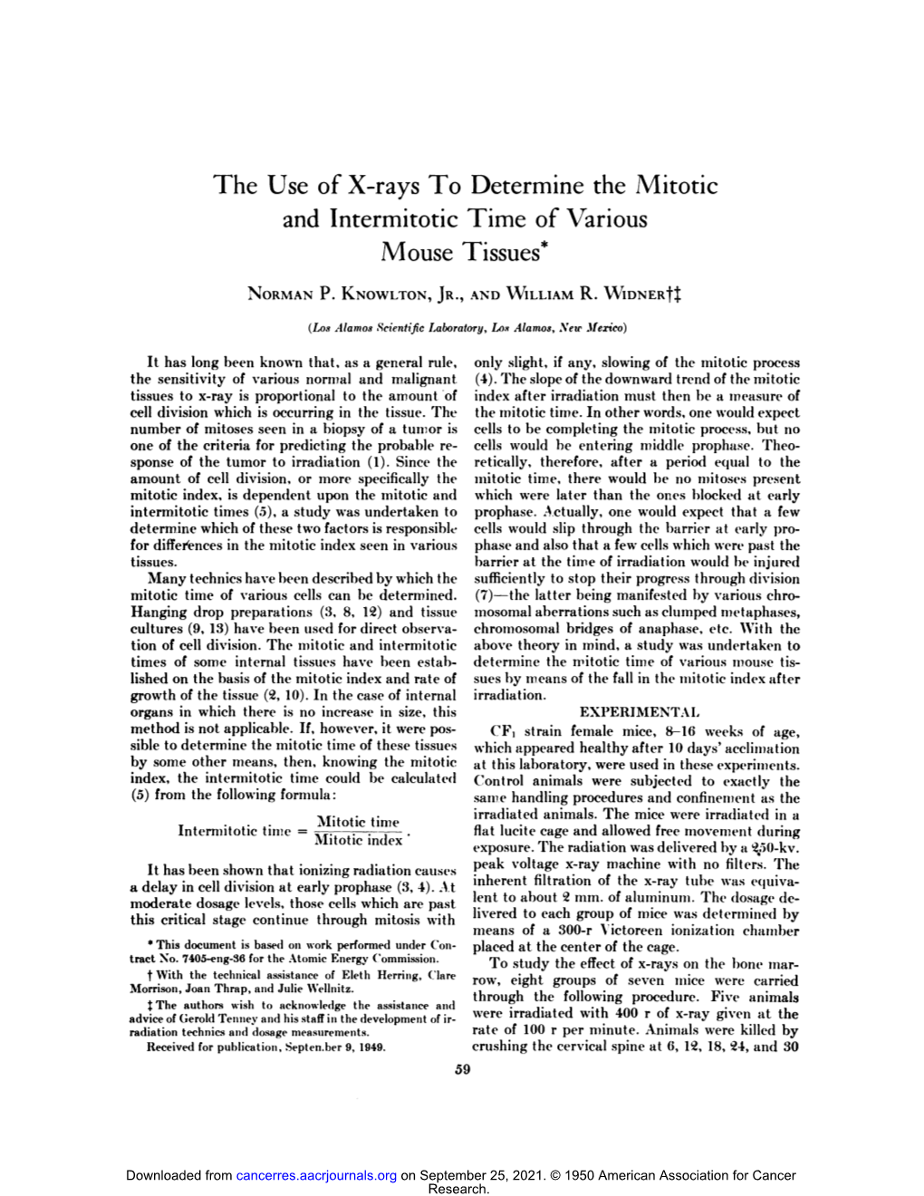 The Use of X-Rays to Determine the Mitotic and Intermitotic Time of Various Mouse Tissues*