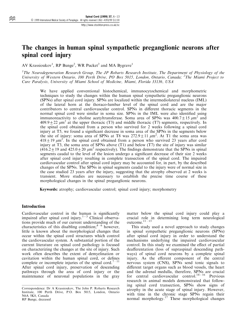 The Changes in Human Spinal Sympathetic Preganglionic Neurons After Spinal Cord Injury