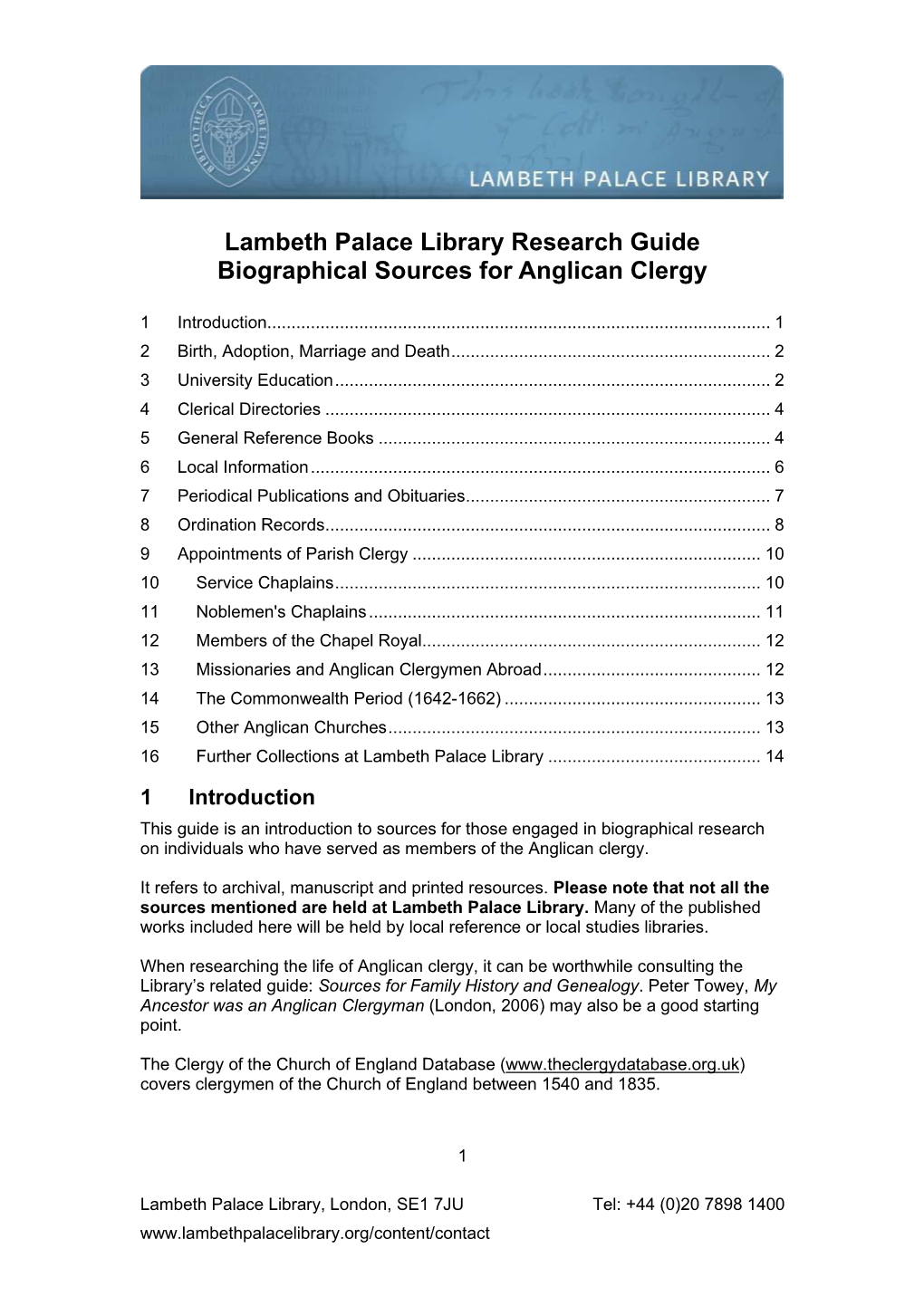 Lambeth Palace Library Research Guide Biographical Sources for Anglican Clergy