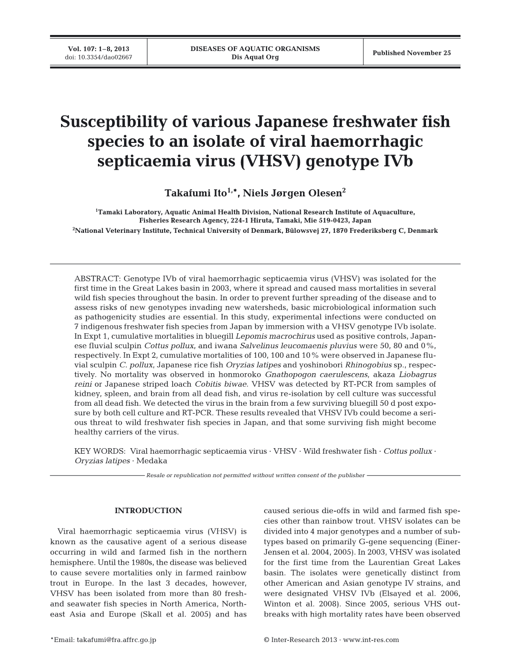 Susceptibility of Various Japanese Freshwater Fish Species to an Isolate of Viral Haemorrhagic Septicaemia Virus (VHSV) Genotype Ivb