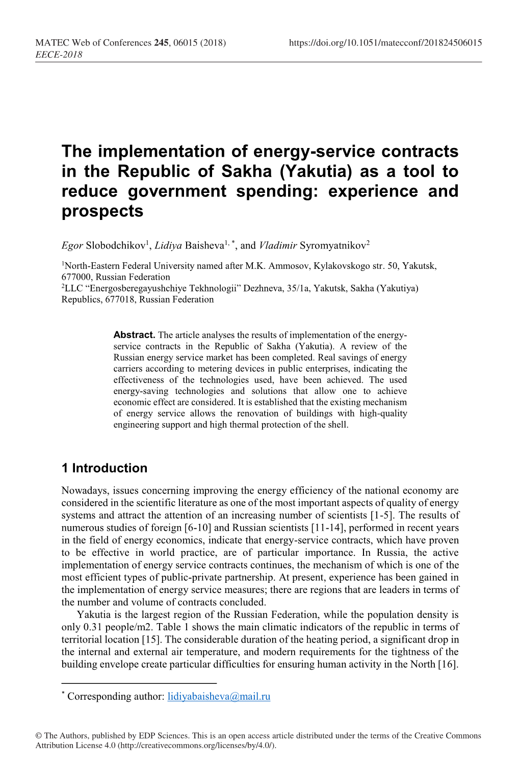 The Implementation of Energy-Service Contracts in the Republic of Sakha (Yakutia) As a Tool to Reduce Government Spending: Experience and Prospects