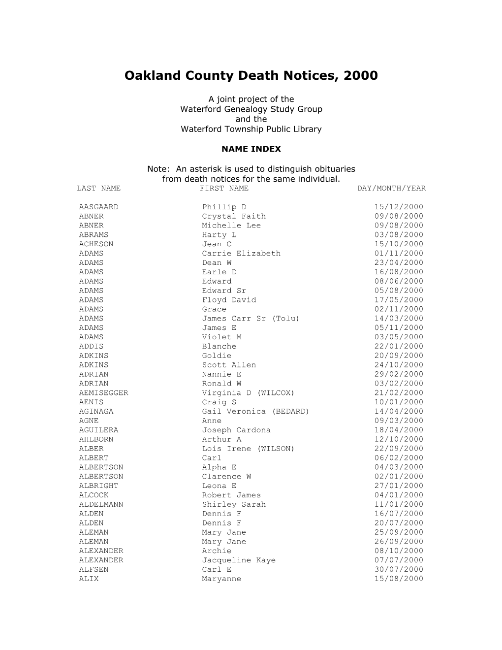 Oakland County Death Notices, 2000