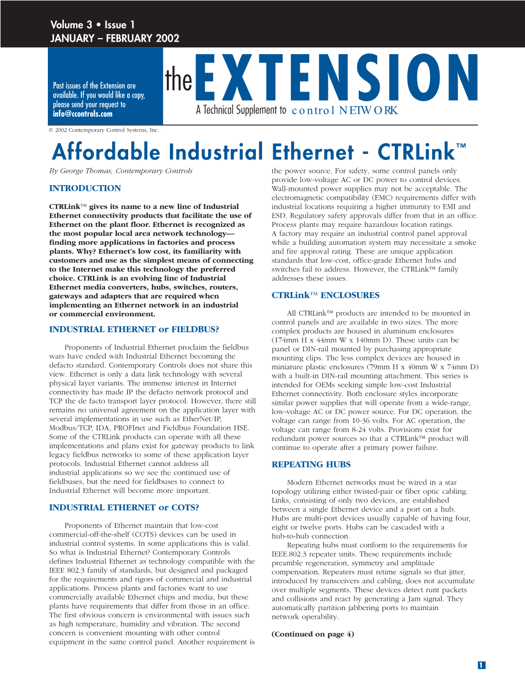Affordable Industrial Ethernet - Ctrlink™ by George Thomas, Contemporary Controls the Power Source