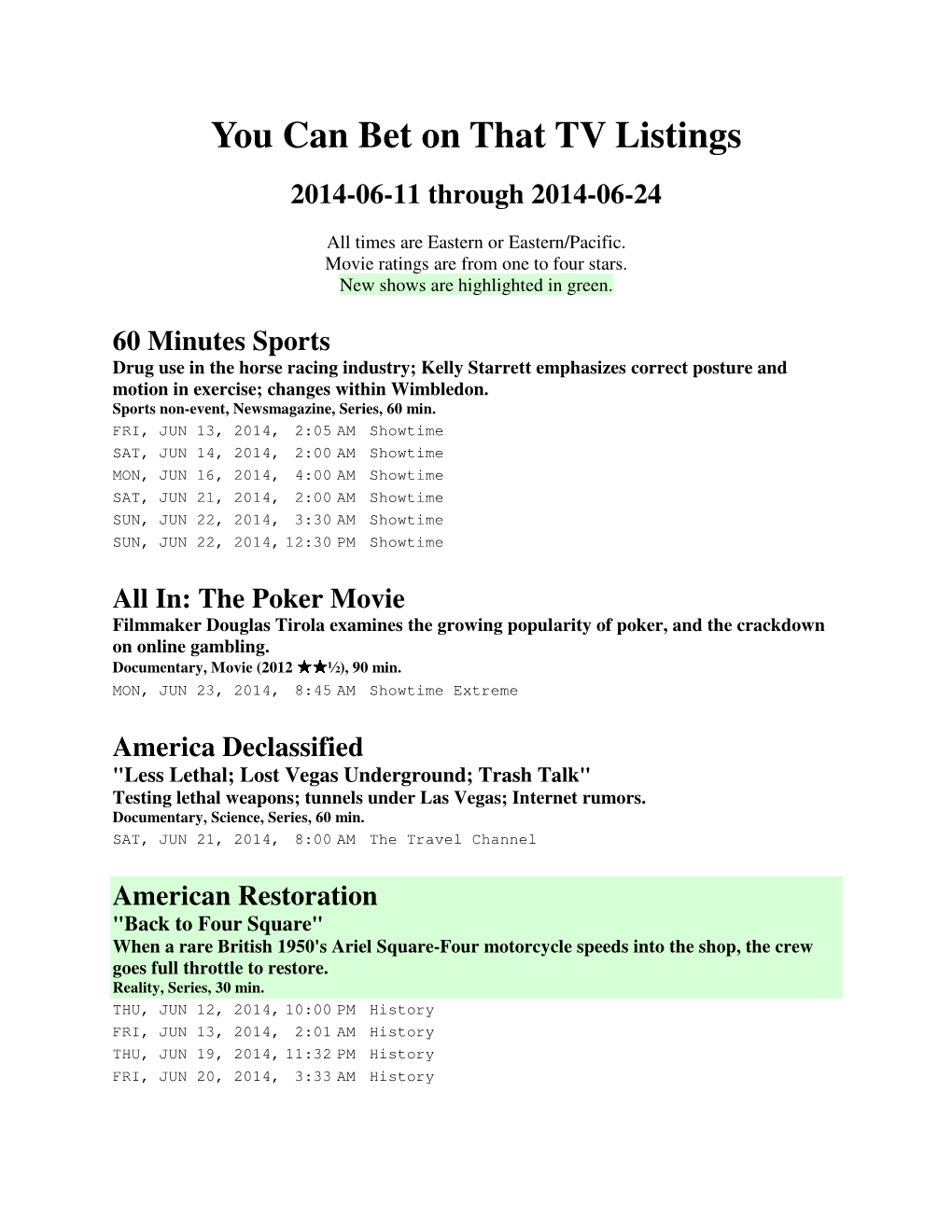 You Can Bet on That TV Listings 2014-06-11 Through 2014-06-24