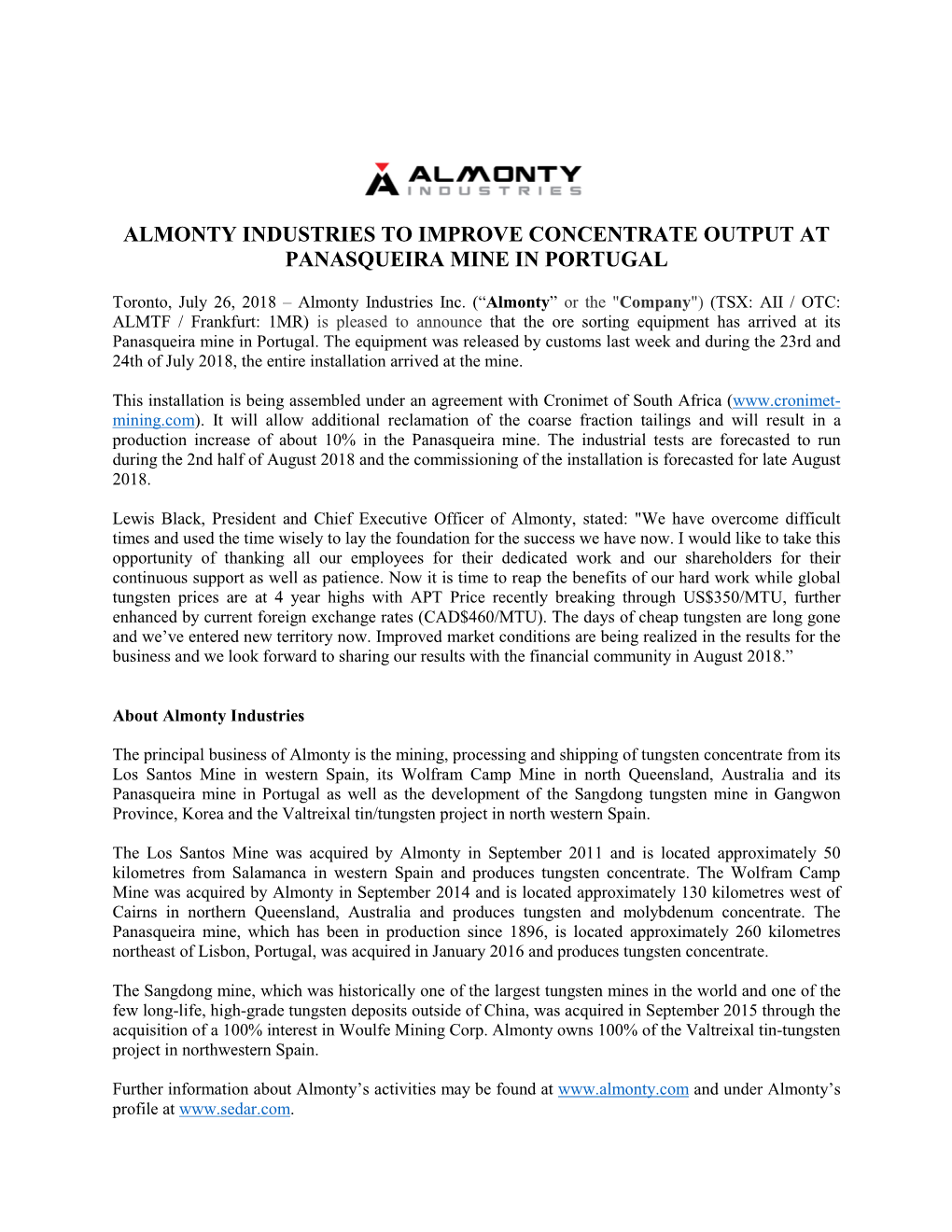 Almonty Industries to Improve Concentrate Output at Panasqueira Mine in Portugal