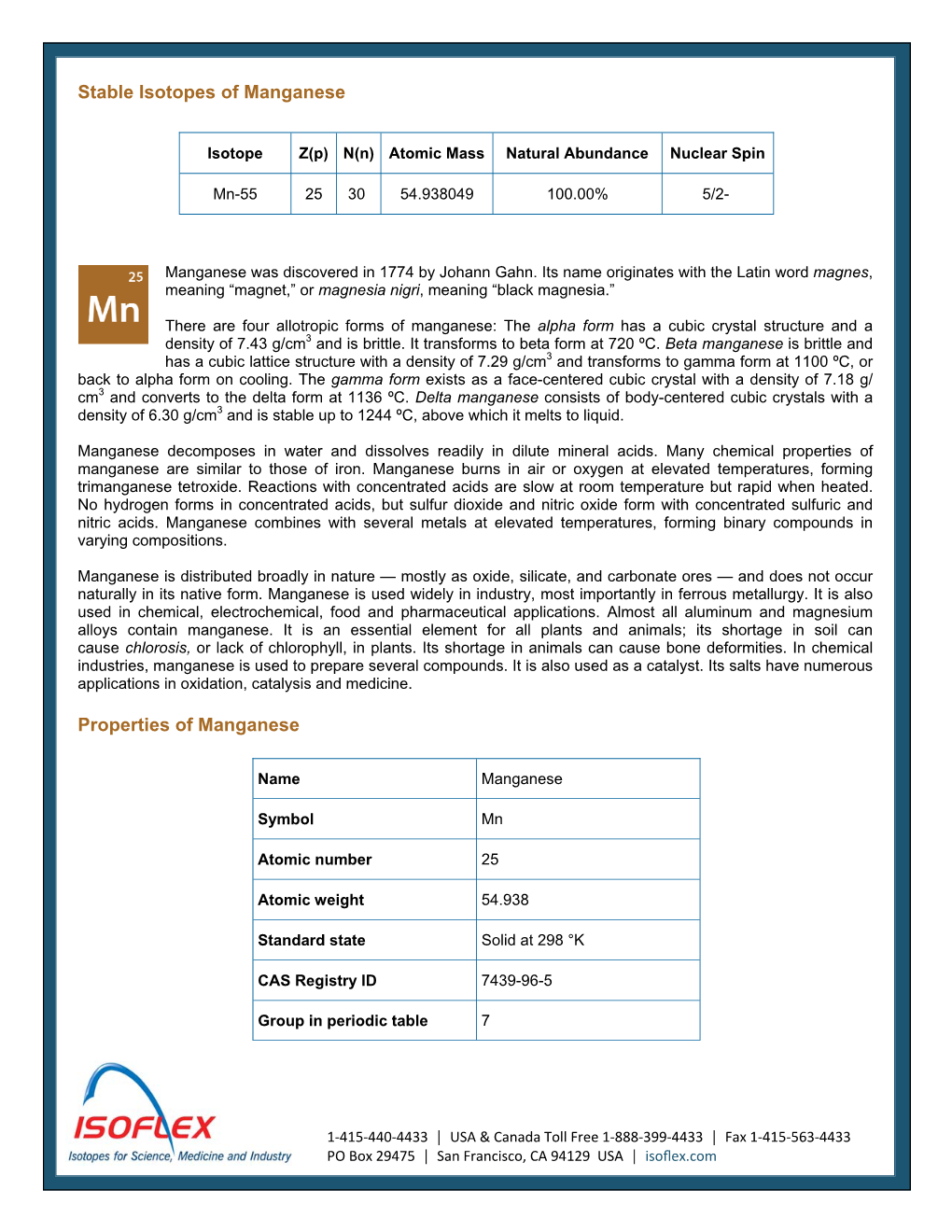 Stable Isotopes of Manganese Properties of Manganese