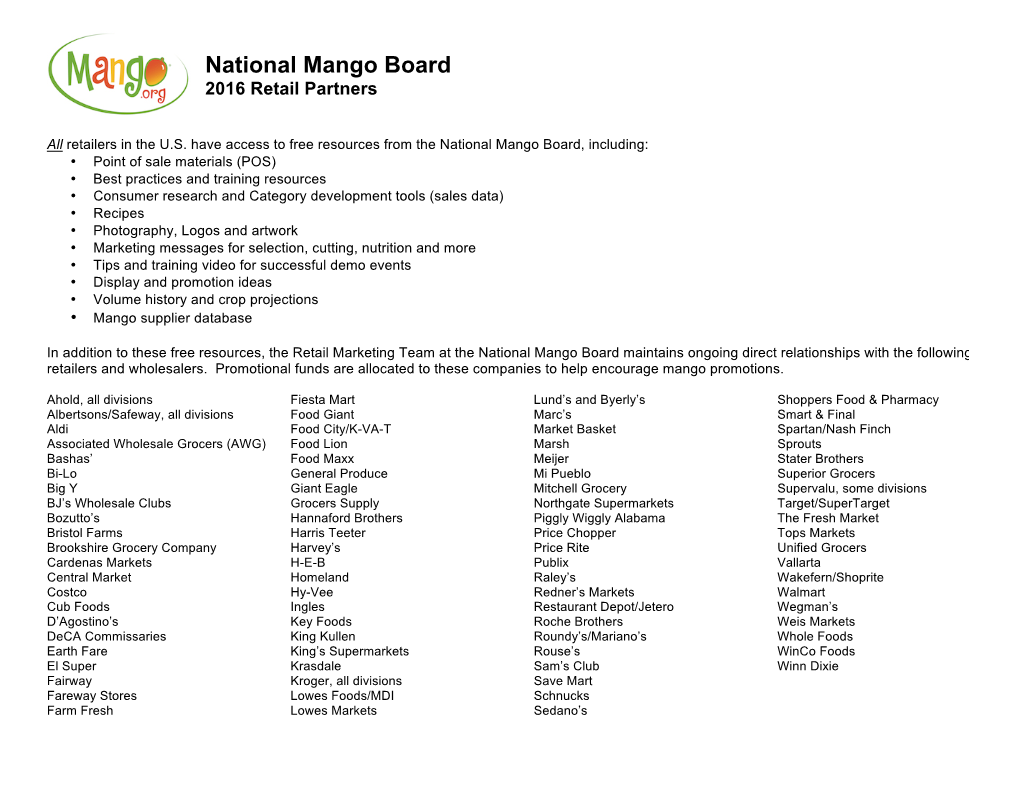 National Mango Board 2016 Retail Partners