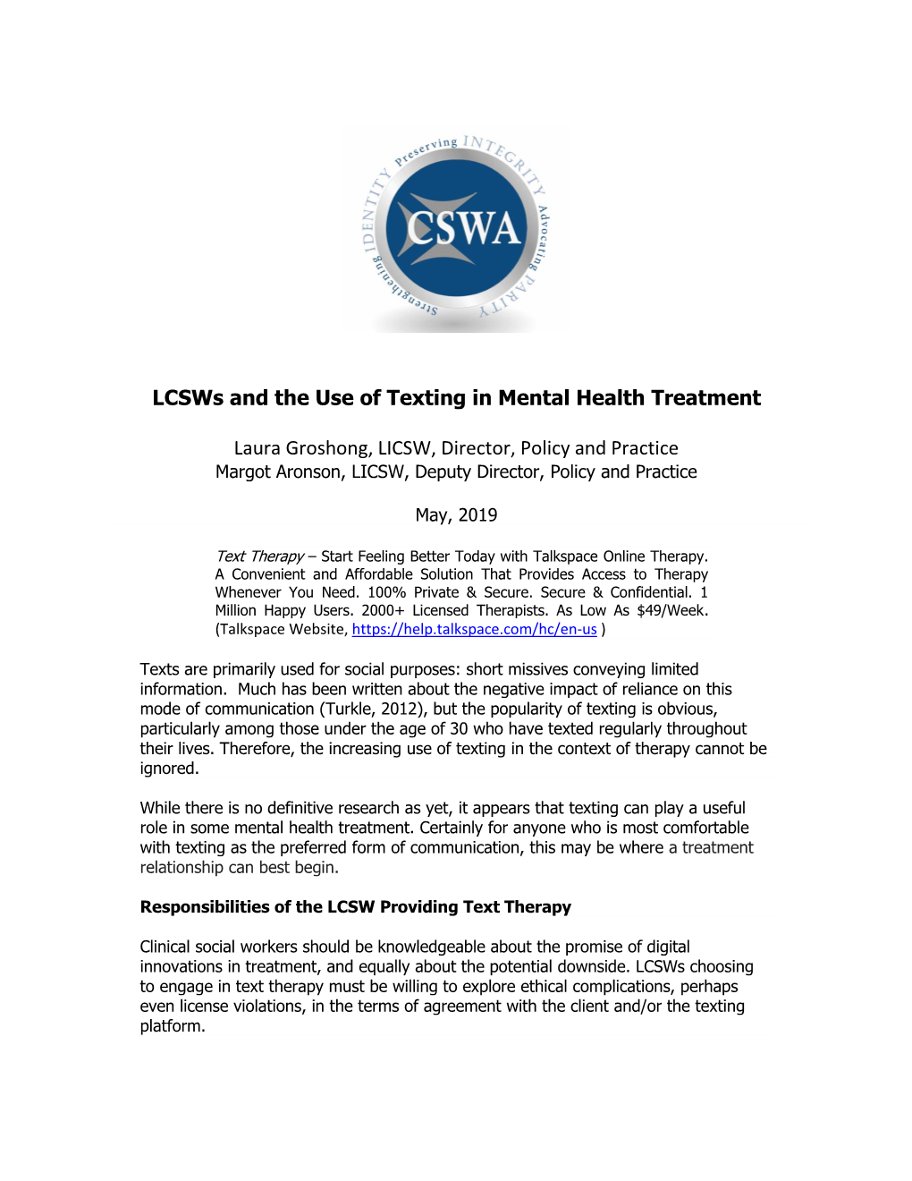 Lcsws and the Use of Texting in Mental Health Treatment Laura