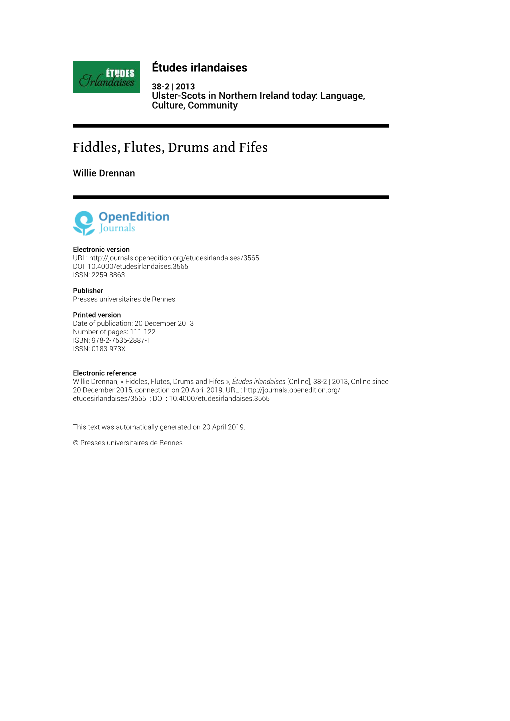 Études Irlandaises, 38-2 | 2015 Fiddles, Flutes, Drums and Fifes 2