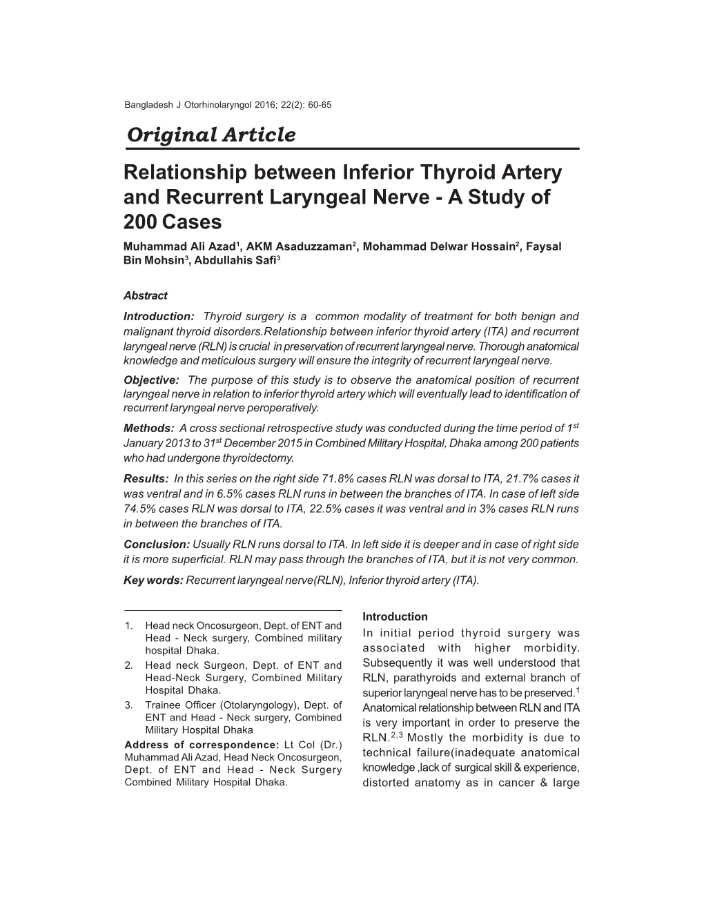 Original Article Relationship Between Inferior Thyroid Artery and Recurrent Laryngeal Nerve