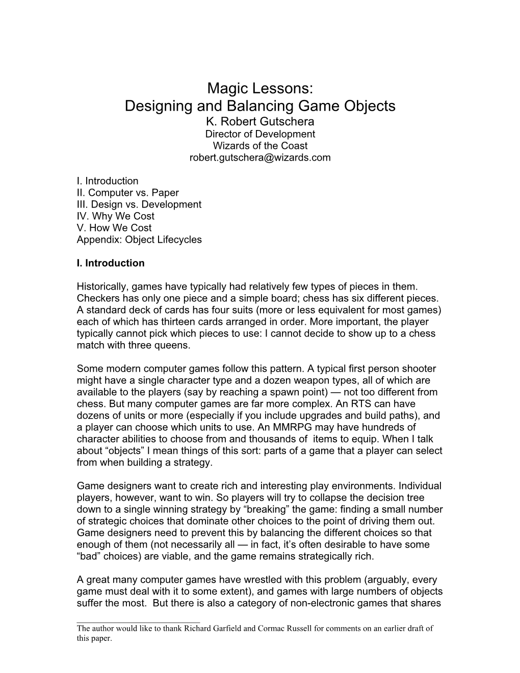 Magic Lessons: Designing and Balancing Game Objects K