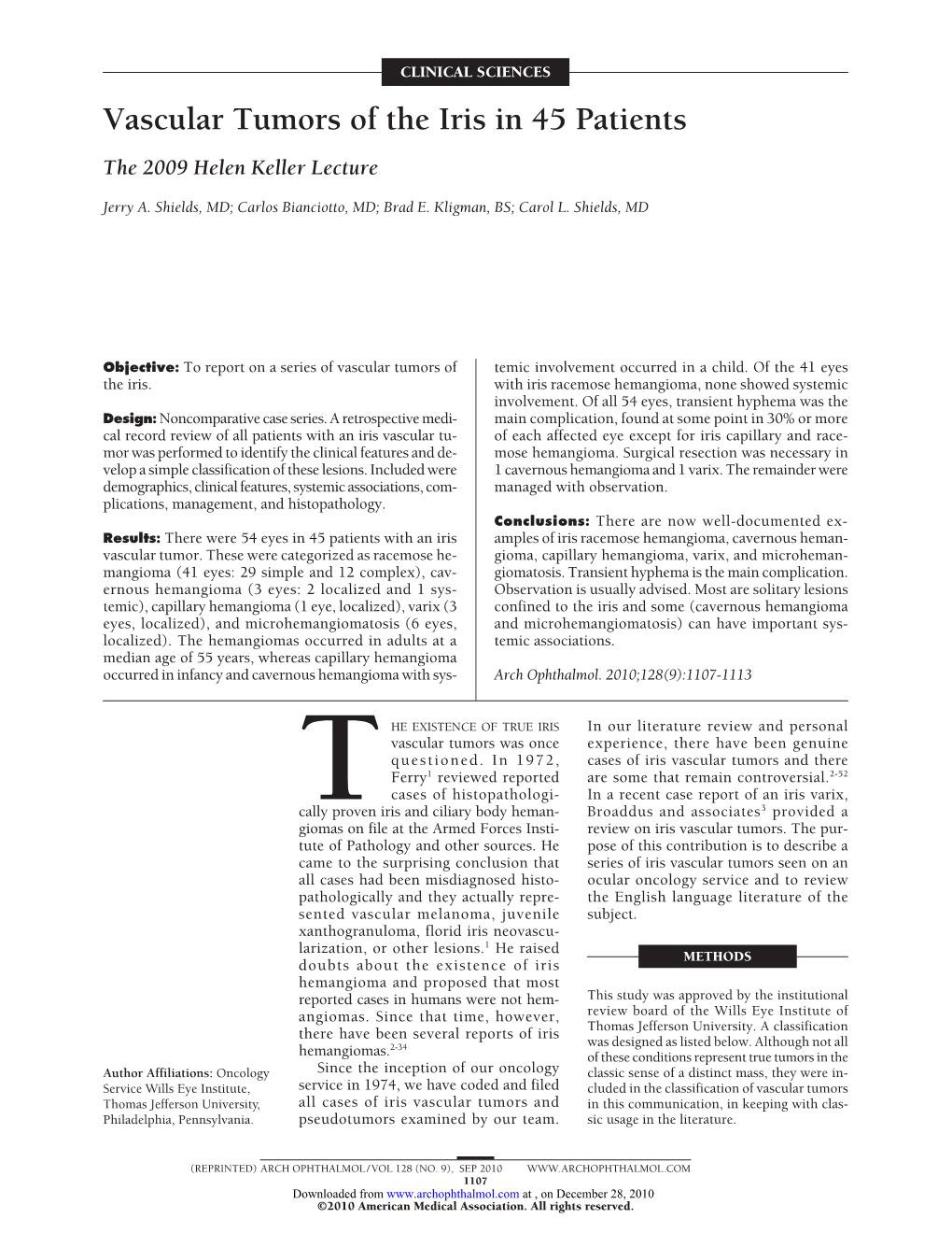 Vascular Tumors of the Iris in 45 Patients the 2009 Helen Keller Lecture