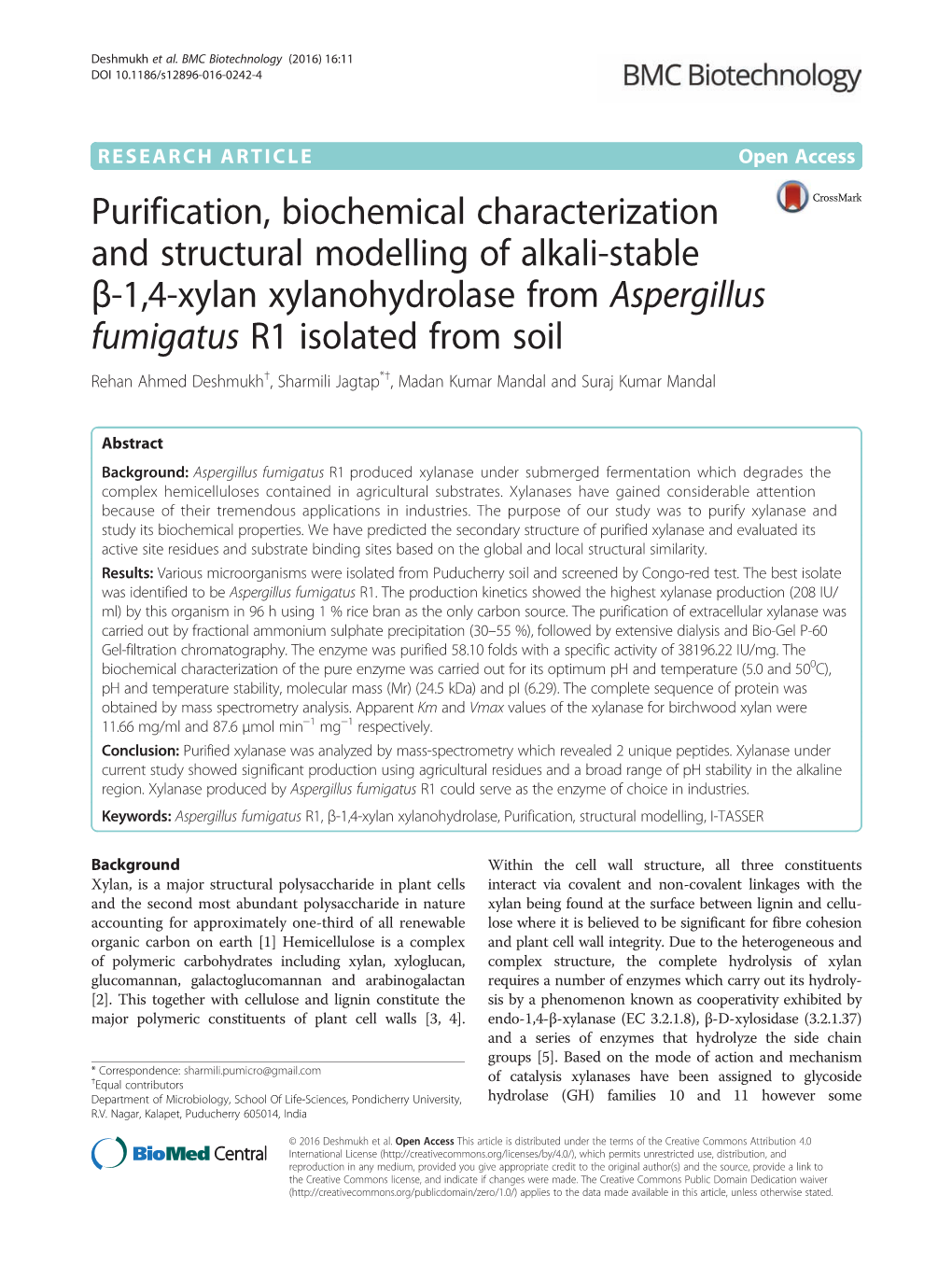 Purification, Biochemical Characterization and Structural Modelling of Alkali-Stable Β-1,4-Xylan Xylanohydrolase from Aspergill