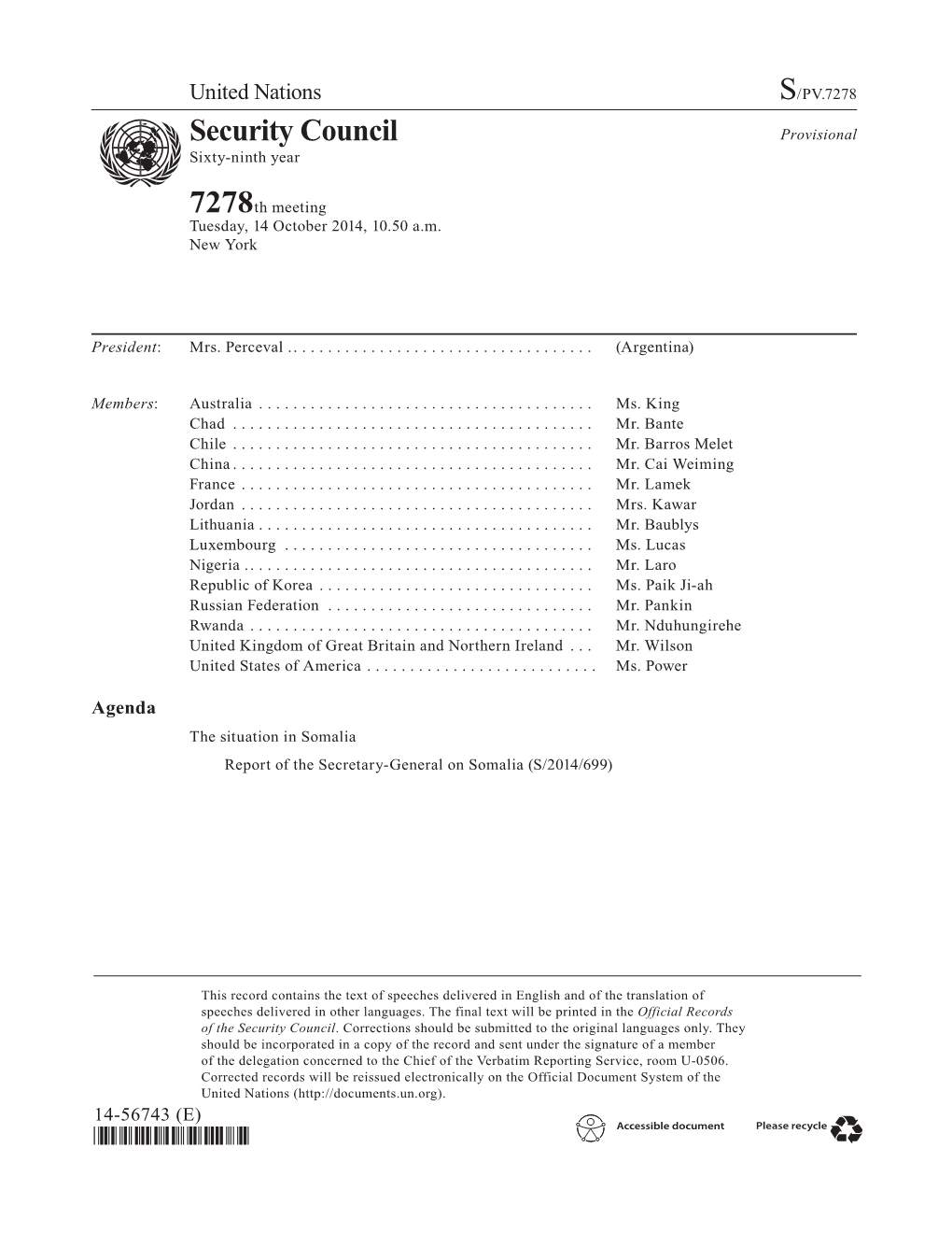 Security Council Provisional Asdf Sixty-Ninth Year 7278Th Meeting Tuesday, 14 October 2014, 10.50 A.M