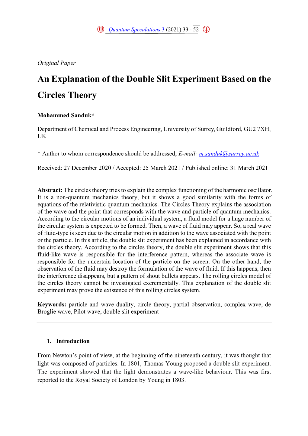 An Explanation of the Double Slit Experiment Based on the Circles Theory