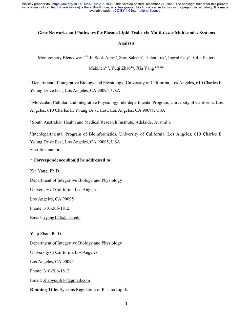 1 Gene Networks and Pathways for Plasma Lipid Traits Via Multi-Tissue