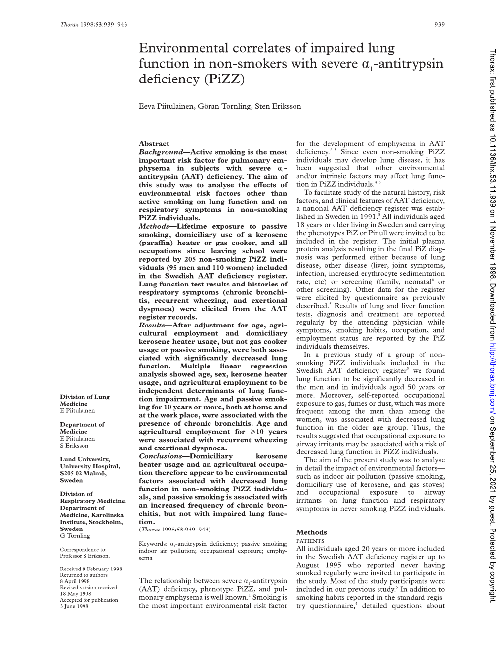 Environmental Correlates of Impaired Lung Function in Non-Smokers With