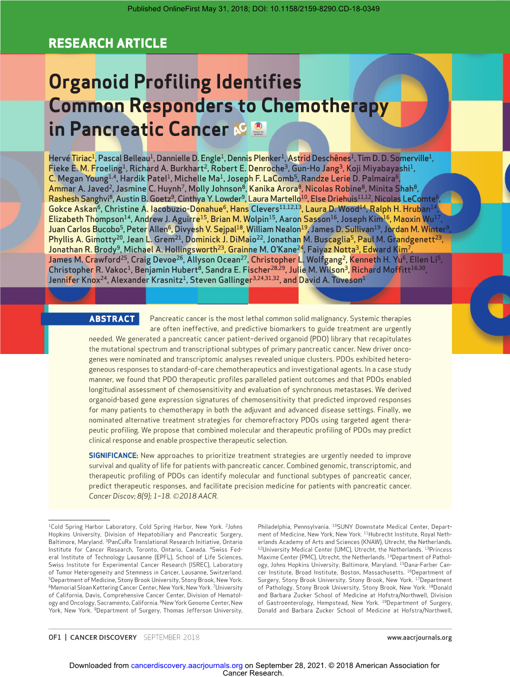 Organoid Profiling Identifies Common Responders to Chemotherapy in Pancreatic Cancer