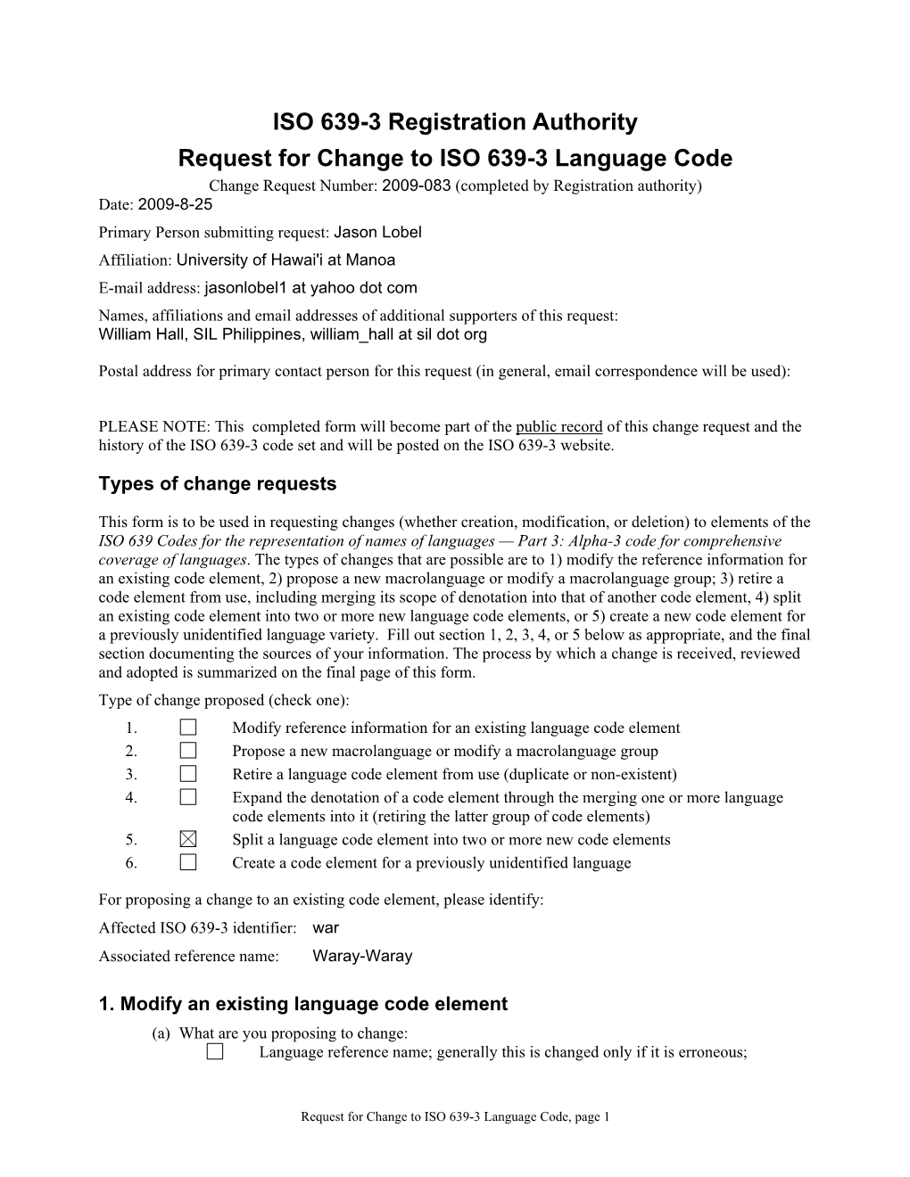 ISO 639-3 Code Change Request 2009-083