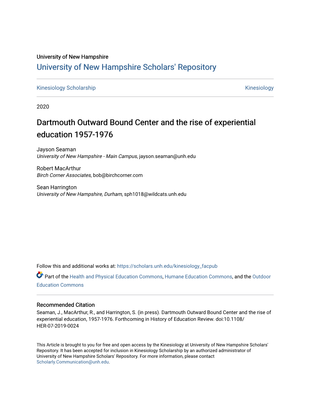 Dartmouth Outward Bound Center and the Rise of Experiential Education 1957-1976